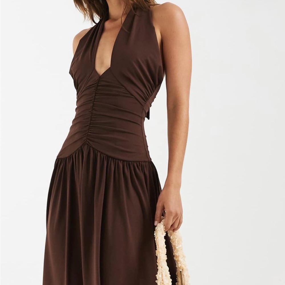 Bronze Snake Marley tie ruched waist midi/maxi in Chocolate brown XS